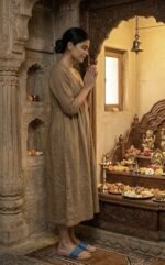 Traditional Devi Charan Paduka set of two placed in a home mandir, symbolizing divine footsteps for daily puja, temple rituals, and spiritual worship.