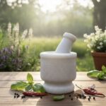 White stone mortar and pestle set (khal batta) 4 inch wide used for grinding spices, herbs, Ayurvedic ingredients and pooja rituals.