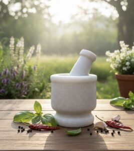 White stone mortar and pestle set (khal batta) 4 inch wide used for grinding spices, herbs, Ayurvedic ingredients and pooja rituals.