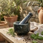 Natural stone mortar and pestle (khal batta) 4 inch wide with 4.5 inch pestle for grinding spices, herbs, and pooja materials in traditional kitchen setting.