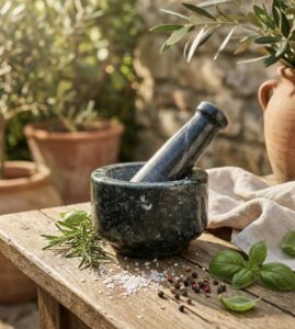 Natural stone mortar and pestle (khal batta) 4 inch wide with 4.5 inch pestle for grinding spices, herbs, and pooja materials in traditional kitchen setting.