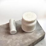 White stone mortar and pestle set (khal batta) 4 inch wide used for grinding spices, herbs, Ayurvedic ingredients and pooja rituals.