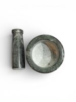 Natural stone mortar and pestle (khal batta) 4 inch wide with 4.5 inch pestle for grinding spices, herbs, and pooja materials in traditional kitchen setting.