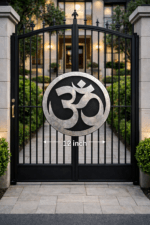 Mirror-finish stainless steel Om wall art in circular design, modern spiritual home décor piece available in 6, 8, 10, and 12 inch sizes for living room or meditation space.