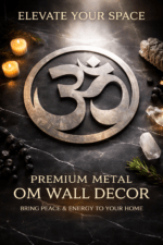 Mirror-finish stainless steel Om wall art in circular design, modern spiritual home décor piece available in 6, 8, 10, and 12 inch sizes for living room or meditation space.