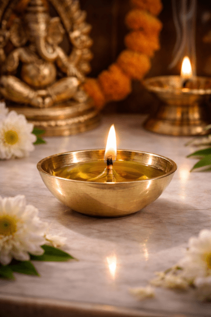 set of 4 pure brass diya bati oil holder bowls for pooja, mandir use, and diwali decoration in different sizes