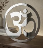 Mirror-finish stainless steel Om wall art in circular design, modern spiritual home décor piece available in 6, 8, 10, and 12 inch sizes for living room or meditation space.