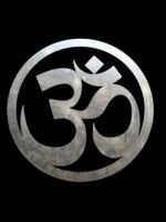 Mirror-finish stainless steel Om wall art in circular design, modern spiritual home décor piece available in 6, 8, 10, and 12 inch sizes for living room or meditation space.