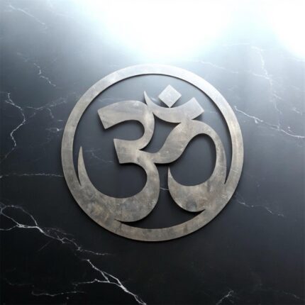 Mirror-finish stainless steel Om wall art in circular design, modern spiritual home décor piece available in 6, 8, 10, and 12 inch sizes for living room or meditation space.