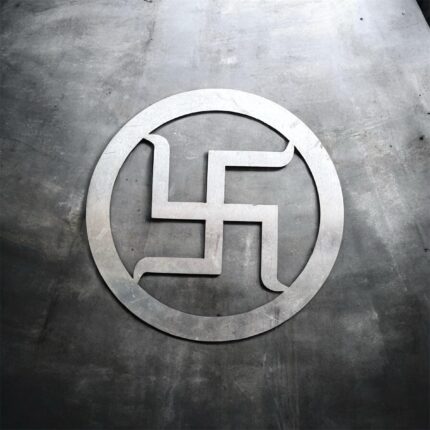 Polished steel Shubh Swastik wall art symbol for Vastu, ideal for home entrance, shop inauguration, Diwali decoration, and Griha Pravesh, available in 8, 10, and 12 inch sizes.