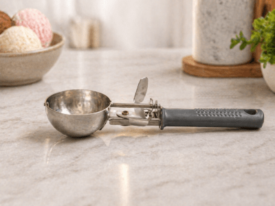 Stainless steel trigger release ice cream scoop for easy serving of ice cream, cookie dough, frozen desserts, and batter with ergonomic handle design.