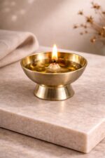 Set of 2 pure brass bati jyot with stand for pooja, small traditional diya for home temple and daily worship use