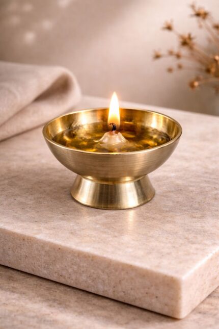 Set of 2 pure brass bati jyot with stand for pooja, small traditional diya for home temple and daily worship use