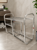 Premium stainless steel 3-tier utensil drying rack for kitchen storage and dish organization with plate holder and multipurpose compartments.