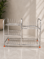 Premium stainless steel 3-tier utensil drying rack for kitchen storage and dish organization with plate holder and multipurpose compartments.