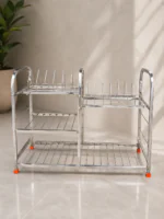 Premium stainless steel 3-tier utensil drying rack for kitchen storage and dish organization with plate holder and multipurpose compartments.