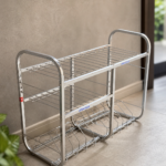 Premium stainless steel 3-tier utensil drying rack for kitchen storage and dish organization with plate holder and multipurpose compartments.