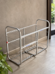 Premium stainless steel 3-tier utensil drying rack for kitchen storage and dish organization with plate holder and multipurpose compartments.