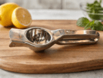 Premium stainless steel lemon squeezer by Neelu, 7.5 inch manual citrus juicer placed on wooden board with fresh lemon in background