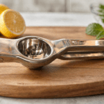Premium stainless steel lemon squeezer by Neelu, 7.5 inch manual citrus juicer placed on wooden board with fresh lemon in background