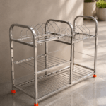 Premium stainless steel 3-tier utensil drying rack for kitchen storage and dish organization with plate holder and multipurpose compartments.