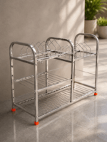 Premium stainless steel 3-tier utensil drying rack for kitchen storage and dish organization with plate holder and multipurpose compartments.