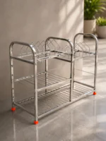 Premium stainless steel 3-tier utensil drying rack for kitchen storage and dish organization with plate holder and multipurpose compartments.