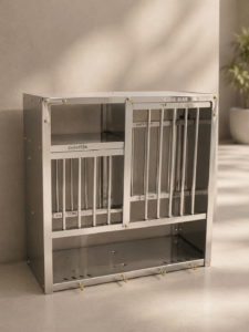 Premium stainless steel sheet rack with modern space-saving design for organizing kitchen utensils and storage essentials in modular kitchens.