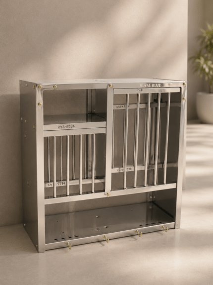 Premium stainless steel sheet rack with modern space-saving design for organizing kitchen utensils and storage essentials in modular kitchens.