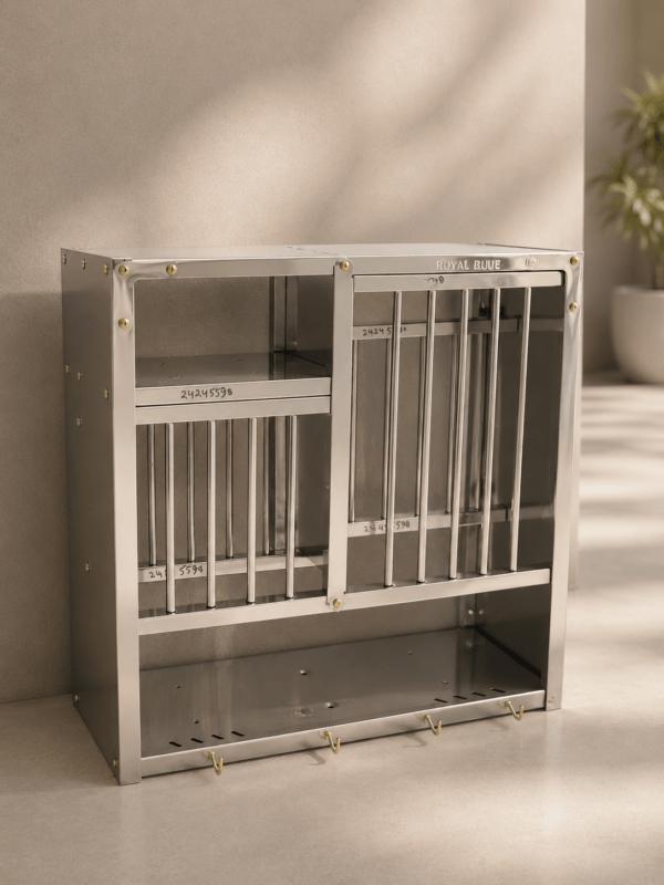 Premium stainless steel sheet rack with modern space-saving design for organizing kitchen utensils and storage essentials in modular kitchens.