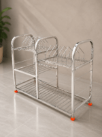 Premium stainless steel 3-tier utensil drying rack for kitchen storage and dish organization with plate holder and multipurpose compartments.