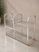 Premium stainless steel 3-tier utensil drying rack for kitchen storage and dish organization with plate holder and multipurpose compartments.
