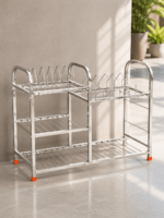 Premium stainless steel 3-tier utensil drying rack for kitchen storage and dish organization with plate holder and multipurpose compartments.