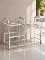 Premium stainless steel 3-tier utensil drying rack for kitchen storage and dish organization with plate holder and multipurpose compartments.