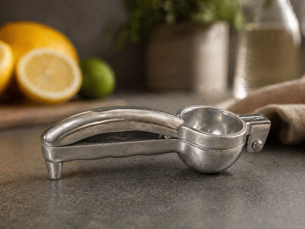 RuliaRams metal lemon squeezer with silver finish, 7.5 inch heavy duty citrus press placed on kitchen counter with fresh lemon