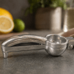 RuliaRams metal lemon squeezer with silver finish, 7.5 inch heavy duty citrus press placed on kitchen counter with fresh lemon