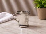 Floral Grace stainless steel mug set of 6 featuring elegant floral engraving, mirror polish finish, ergonomic handle, and 200 mL capacity for tea, coffee, milk, and other beverages.