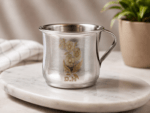 D.H. Floral Heritage stainless steel mug set of 6 with elegant floral engraving, 200 mL capacity, mirror polish finish, durable tea and coffee mugs with ergonomic handle.