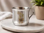 D.H. Floral Heritage stainless steel mug set of 6 with elegant floral engraving, 200 mL capacity, mirror polish finish, durable tea and coffee mugs with ergonomic handle.