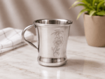 Floral Grace stainless steel mug set of 6 featuring elegant floral engraving, mirror polish finish, ergonomic handle, and 200 mL capacity for tea, coffee, milk, and other beverages.