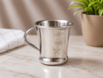 Floral Grace stainless steel mug set of 6 featuring elegant floral engraving, mirror polish finish, ergonomic handle, and 200 mL capacity for tea, coffee, milk, and other beverages.