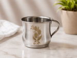 D.H. Floral Heritage stainless steel mug set of 6 with elegant floral engraving, 200 mL capacity, mirror polish finish, durable tea and coffee mugs with ergonomic handle.