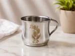 D.H. Floral Heritage stainless steel mug set of 6 with elegant floral engraving, 200 mL capacity, mirror polish finish, durable tea and coffee mugs with ergonomic handle.