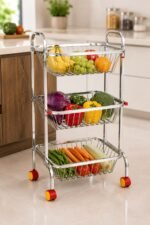ONAM RoyalNest™ premium stainless steel 3-tier kitchen trolley with wheels featuring three spacious open-wire baskets for storing vegetables, fruits, onions, potatoes, groceries, and kitchen essentials.