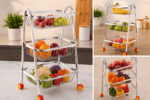 ONAM premium stainless steel 3 tier pyramid kitchen trolley with wheels for vegetable and fruit storage organizer rack