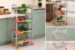 ONAM SquareMax™ premium stainless steel 3-tier kitchen trolley with wheels featuring spacious square wire baskets for storing vegetables, fruits, onions, potatoes, and kitchen essentials in a modern modular kitchen.