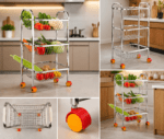 ONAM SquareMax™ premium stainless steel 3-tier kitchen trolley with wheels featuring spacious square wire baskets for storing vegetables, fruits, onions, potatoes, and kitchen essentials in a modern modular kitchen.