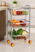 ONAM SquareMax™ premium stainless steel 3-tier kitchen trolley with wheels featuring spacious square wire baskets for storing vegetables, fruits, onions, potatoes, and kitchen essentials in a modern modular kitchen.