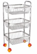 ONAM SquareMax™ premium stainless steel 3-tier kitchen trolley with wheels featuring spacious square wire baskets for storing vegetables, fruits, onions, potatoes, and kitchen essentials in a modern modular kitchen.