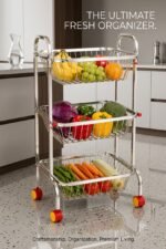 ONAM RoyalNest™ premium stainless steel 3-tier kitchen trolley with wheels featuring three spacious open-wire baskets for storing vegetables, fruits, onions, potatoes, groceries, and kitchen essentials.